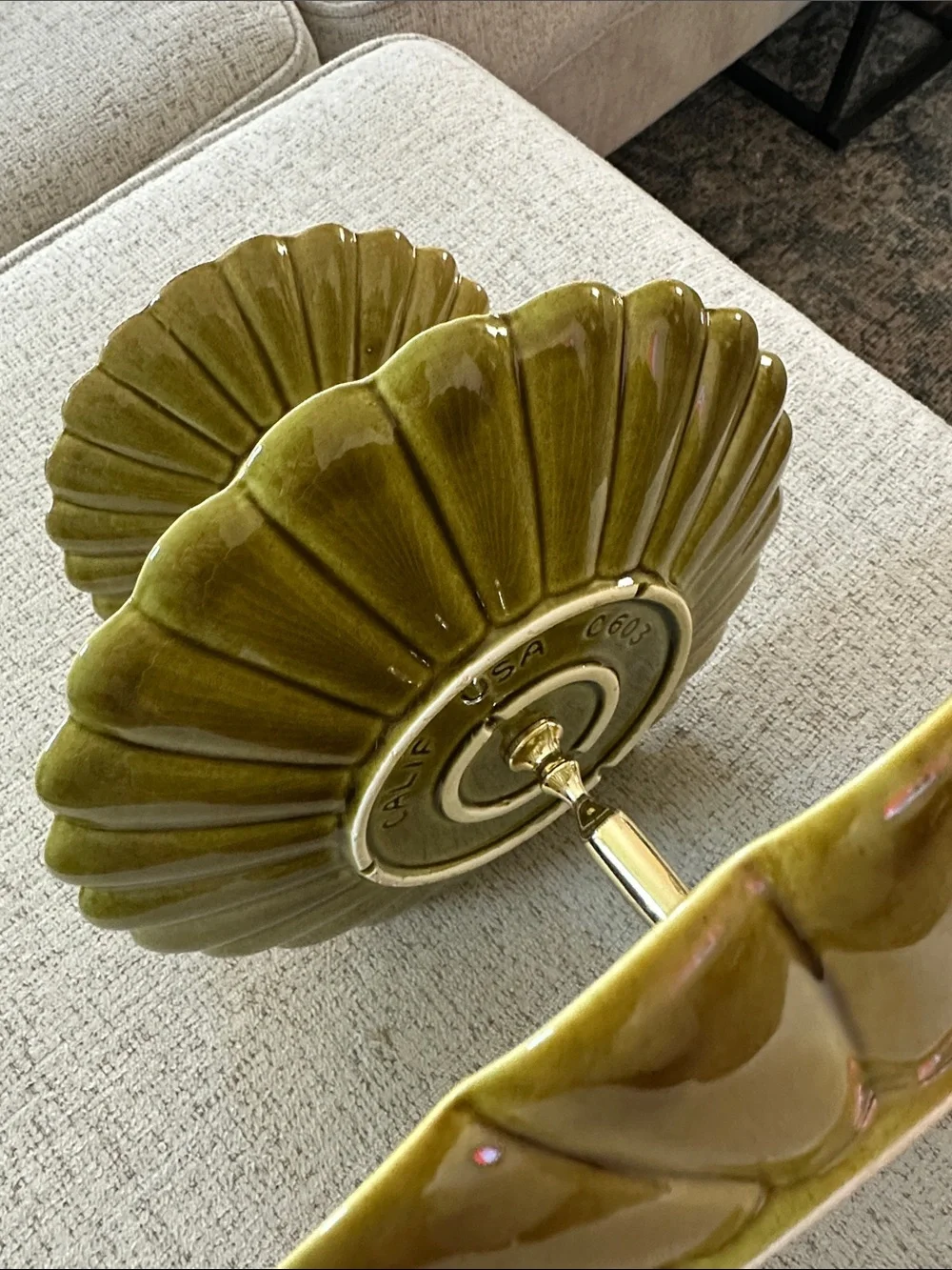 Vintage MCM California Pottery 3-Tier Serving Stand - Pearlized Olive Gold- C603